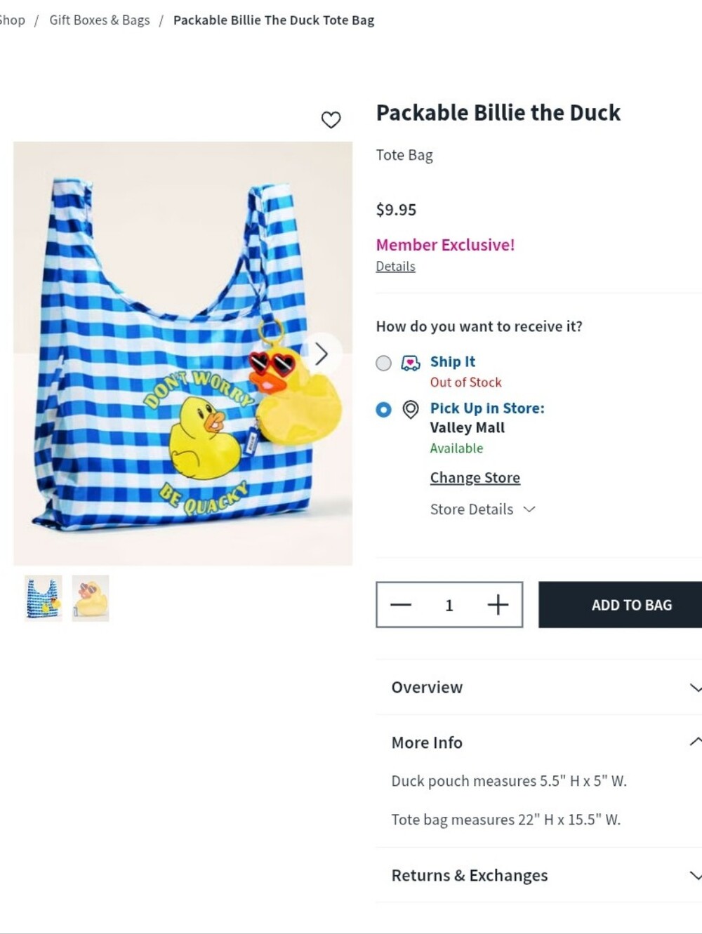 Billie The Duck Packable Bag Blue Gingham Member Exclusive '26 BATH & BODY WORKS - Picture 9 of 12